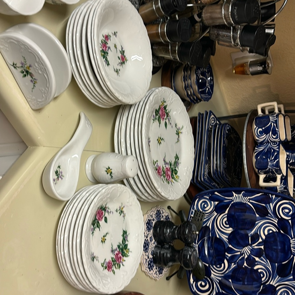White with flowers  8 large plates 8 soup plates 8 salad plates 6 cups 1 Salt sh